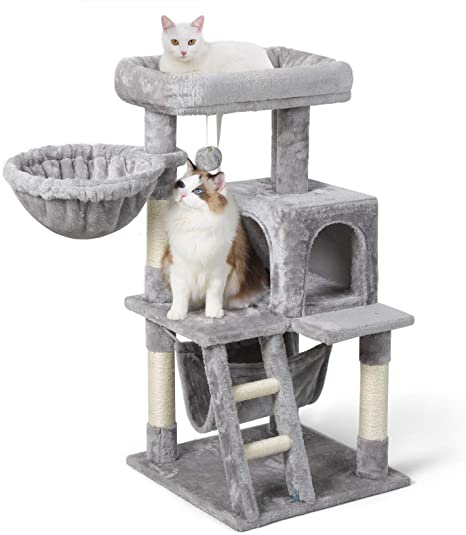 rabbitgoo Cat Tree Cat Tower 38-inch, Multi-Level Kitten Stand House Condo with Scratching Posts, Hammock & Large Plush Perch, Tall Kitty Climbing House Furniture Play Center for Indoor Cats Activity, Grey