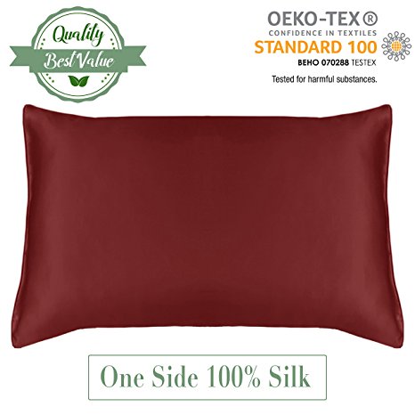 MYK 100% Pure Natural Mulberry Silk Pillowcase, 19 Momme with Cotton underside for Hair & Facial Beauty, Standard Size, Burgundy, 1pc