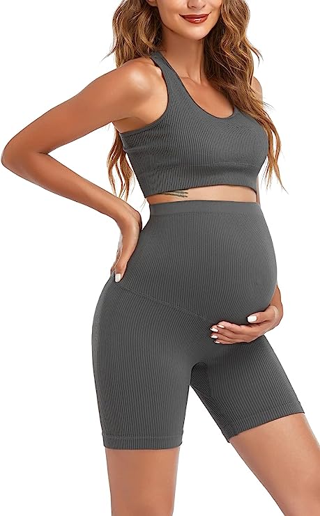 Lataly Maternity for Women 2Piece ，Seamless Ribbed Built in Maternity Bra High Waist Elasticity Pregnancy Shorts Sets