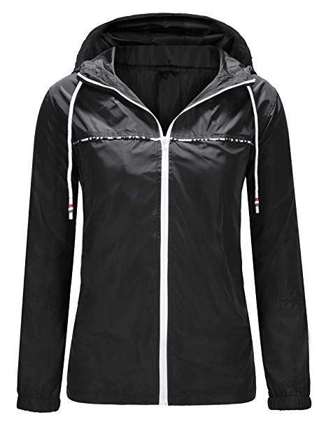 UUANG Women's Lightweight Waterproof Packable Rain Jacket Hooded Girls Raincoat Outdoor Colorblock Windbreaker