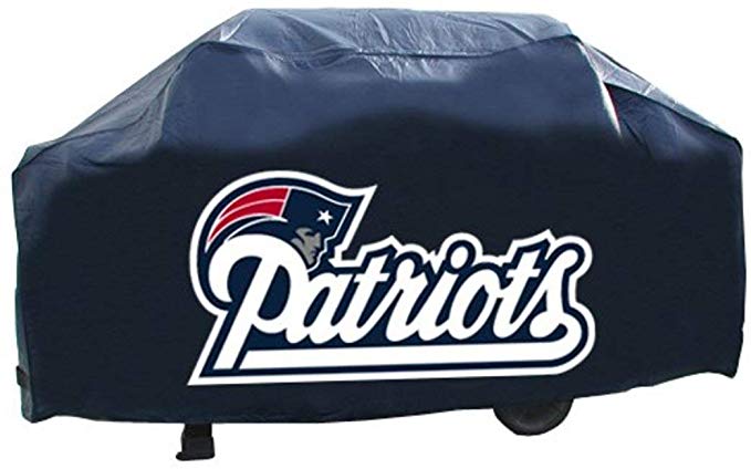 JA 21 X 35 X 68 Inches NFL Patriots Grill Cover, Football Themed Weather Resistant Vinyl Gas Barbeque Smoker Protector, Team Logo Fan Merchandise Athletic Team Spirit Fan, Blue Red Silver White Black