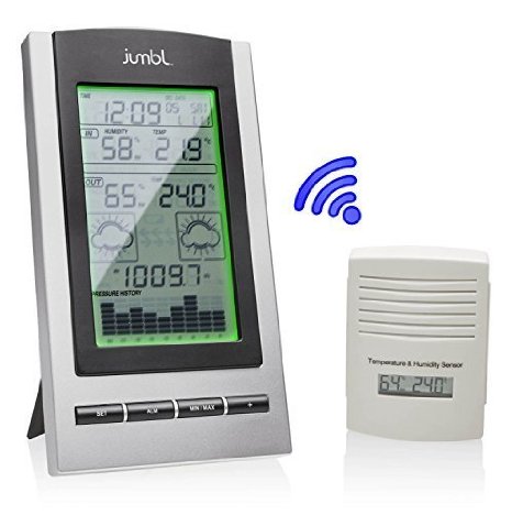 Jumbl Wireless Indoor & Outdoor Digital Weather Station - Monitors Temperature, Dew Point, Barometer and Humidity With a built-in Weather Forecast Tendency Indicator