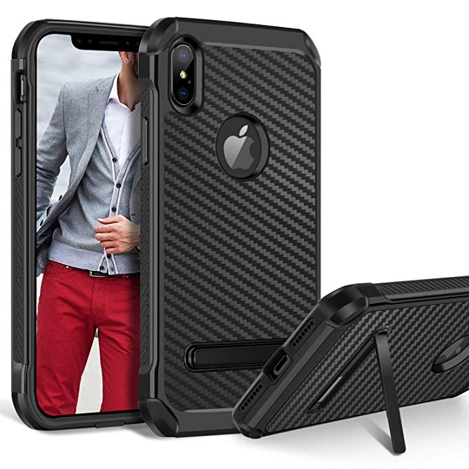 BENTOBEN iPhone XS Max Case, Kickstand Design Slim 2 in 1 Heavy Duty Shockproof Hybrid Soft TPU Bumper Hard PC Cover with Carbon Fiber Texture Protective Case for Apple iPhone XS Max 6.5’’, Black