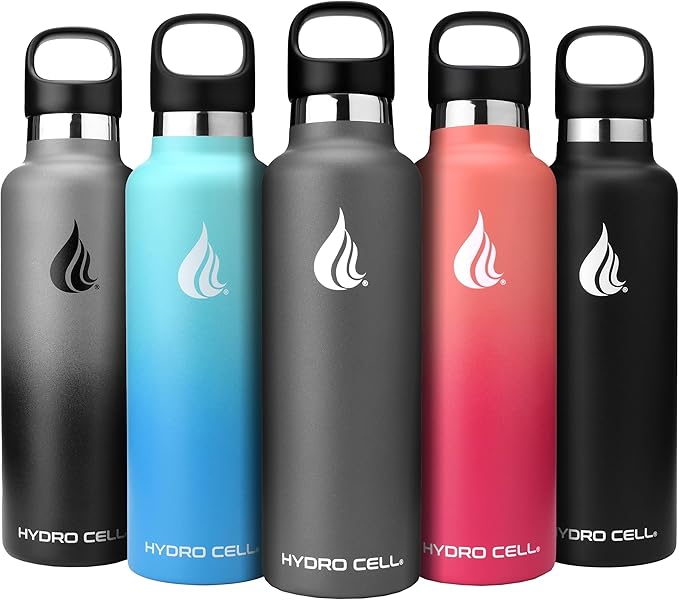 HYDRO CELL Stainless Steel Water Bottle with Straw & 2 Standard Mouth Lids (32oz 24oz 20oz 16oz) Keeps Liquids Hot or Cold w/Double Wall Vacuum Insulated Leak Proof Sport Design (Graphite 24oz)