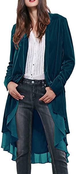 R.Vivimos Womens Ruffled Asymmetric Long Velvet Blazers Coat Casual Jackets