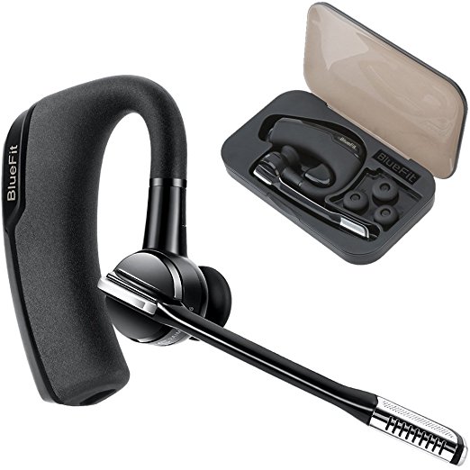 Bluetooth Headset, BlueFit Hands Free Wireless Earpiece with Microphone   Plastic Carrying Case - Compatible with iPhone, Android Cell Phones