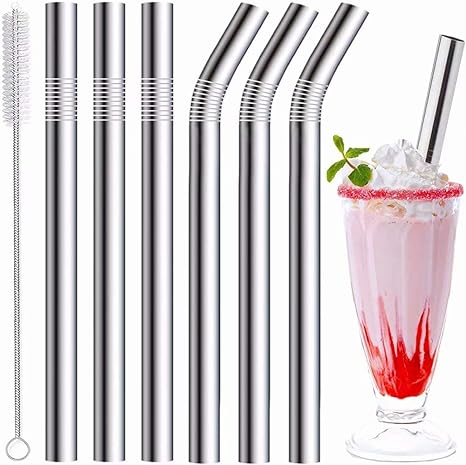 Vinaco Stainless Steel Smoothie Straws, 0.4'' Extra Wide Reusable Metal Drinking Straws for Milkshake, Smoothie, Beverage, Set of 6 with 1 Cleaning Brush (3pcs 10.5'' Bent |3pcs 8.5'' Straight)