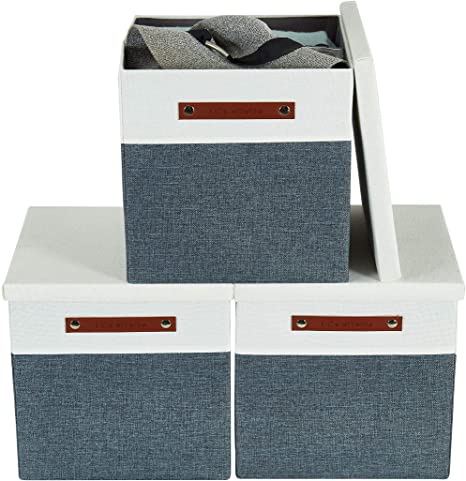 DECOMOMO Stackable Foldable Cube Storage Bin | Rugged Canvas Fabric Container with PU Handles | Great for Organizing Closets, Offices and Homes (Slate Grey and White, Cube 13" with Lid - 3 Pack)