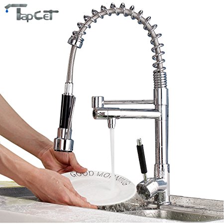 TAPCET Modern Chrome One Handle Spring Kitchen Sink Faucet Mixer Tap 2 Swivel Spout 360 Degree Rotation Pull-down Faucet Comes with US Standard Fittings Commercial with Hot and Cold Water