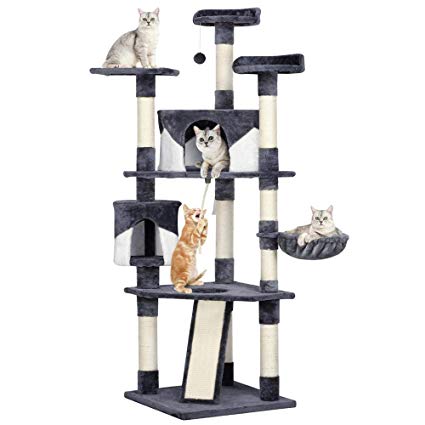 Yaheetech 79" Multi-Level Cat Trees with Sisal-Covered Scratching Posts, Plush Perches and Condo for Kittens, Cats and Pets (Gray and White)