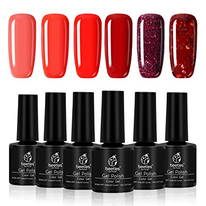 Beetles Red and Red Glitter Gel Polish Set- Pack of 6 Colors Shine Finish and Long Lasting, Soak Off UV LED Gel, 7.3ml Each Bottle