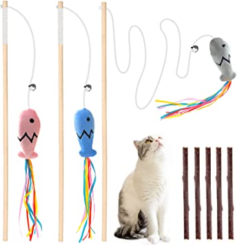 Fashion&cool Cat Wand Toy, 3pcs 16 Inch Natural Wooden Cat Teaser Wand with 5 Pcs Silvervine Sticks for Cat, Interactive Elastic String Cat Stick Pole Toy for Indoor Cats