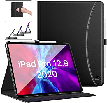 Dadanism Case for iPad Pro 12.9 inch 2020, [Multiple Viewing Angles] Premium PU Leather Smart Folio Cover, Support Apple Pencil Pair & Charging   Hand Strap & Card Slots   Auto Wake/Sleep - Black