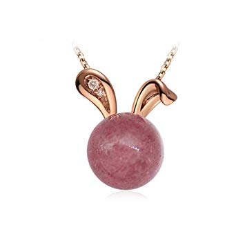 Strawberry Crystal Gem Cute Bunny Rabbit Pendant Delicate Jewelry S925 Sterling Silver Necklace Easter Valentine's Day Christmas for Girls Women - Rose Gold