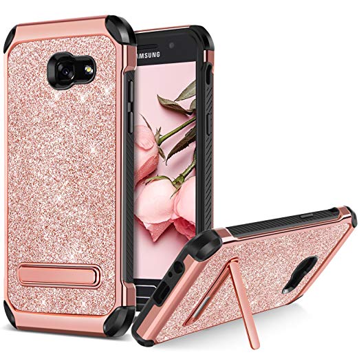 BENTOBEN Samsung A5 Case, Galaxy A5 Case, Hybrid Slim Hard PC Cover Soft TPU Bumper Sparkly Shiny Faux Leather Chrome Shockproof Protective Case with Kickstand for Samsung Galaxy A5 2017, Rose Gold