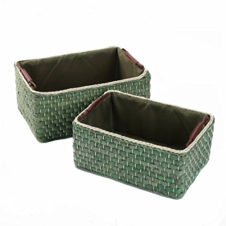 Kingwillow, Rattan Woven Storage Baskets Container Rectangular Green Bins Set of 2