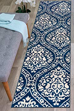 Rugshop Transitional Floral Damask Area Rug, 2' x 7', Navy