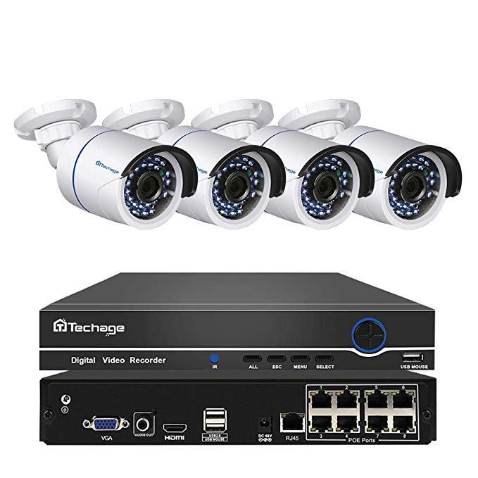 Techage 48V 8CH 1080P POE Surveillance with 4 PCS POE IP Security Camera System with Audio/Night Vision/Motion Detection/Email Alert/Remote View, Without Hard Drive, White
