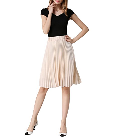 Women's Skirt Knee Length Chiffon Pleated A-line Midi Skirts