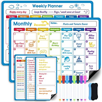EAONE Magnetic Dry Erase Calendar Set for Fridge, White Board Calendar Dry Erase Set Includes Monthly/Weekly/Daily Planner/Shopping List/Notepad with 12 Color Markers and Eraser for Refrigerator