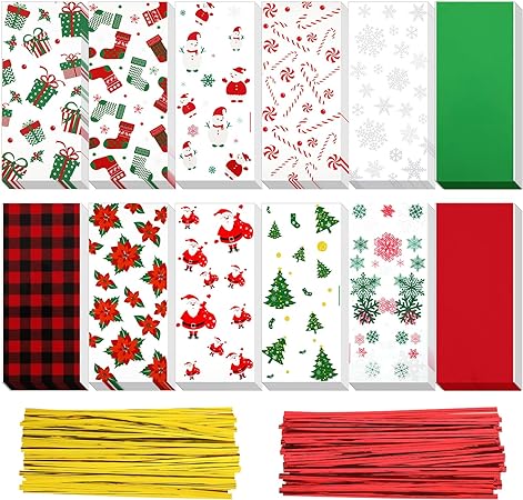 180 Counts Christmas Cellophane Bags Candies Cookies Treat Bags Christmas Socks Christmas Trees Santa Snowflake Cello Bags 12 Styles with 200 Counts Twist Ties for Christmas Holidays Party Supplies