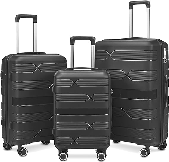 Camkey 3 Piece PP Luggage Sets, Suitcase Set, TSA Lock, 20" 24" 28" (Black)