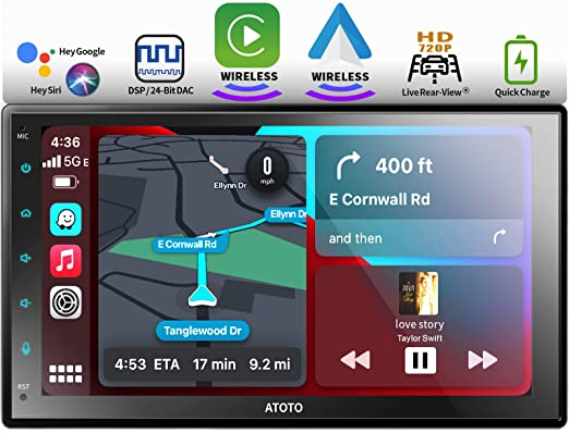 ATOTO F7WE 7inch Touchscreen Double DIN Car Stereo, Wireless CarPlay & Wireless Android Auto, in-Dash Video Receivers, Bluetooth, Mirror Link, HD LRV, Quick Charge, Voice Control, F7G2B7WE