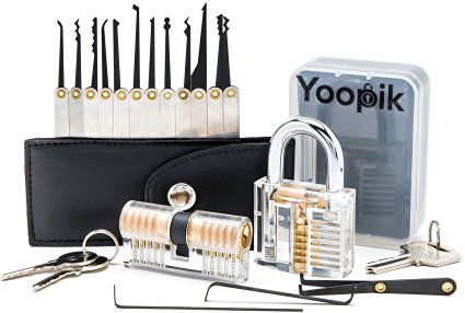 Yoopik 15 Piece Lock Pick Set with 2 Clear Practice and Training Locks, Lock Picks Carrying Case and an eBook How-To Guide
