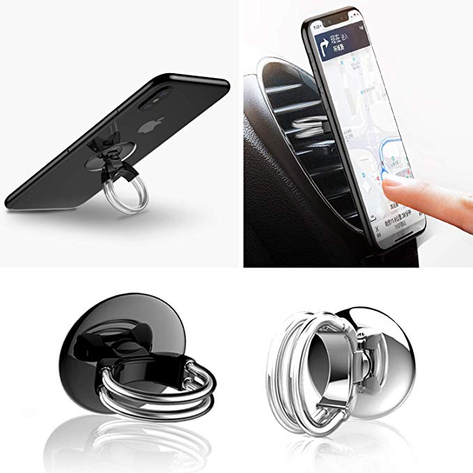 Cell Phone Ring Stand Holder,Unique Double Finger Ring Buckle Design for Air Vent Car Phone Mount with 360°Rotation，180°Flip and Strong Sticky Gel Pad for Smart Phone