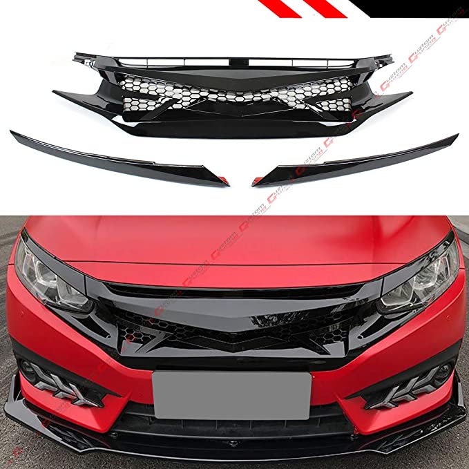 Glossy Black JDM Battle Style Front Hood Grill Grille Compatible Fits for 2016-2018 Honda Civic Non-Si Models and 2016-2020 Honda Civic Hatchback and Si Models.