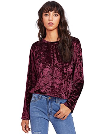 ROMWE Women's Velvet O Neck T-Shirt Tee Top Blouse