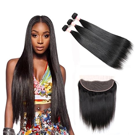 Ms Taj (18 20 22 16) Brazilian Straight Hair 3 Bundles with 13x4'' Ear to Ear Lace Frontal Closure Unprocessed Straight Weave Virgin Human Hair Extensions Natural Color