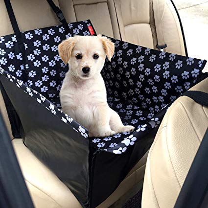 MATCC Dog Car Seat Cover Pet Dog Car Supplies Waterproof Pet Car Booster Seat with Safety Leash Rear Seat Protector Travel Hammock Pet Car Carrier(White Paw Prints)