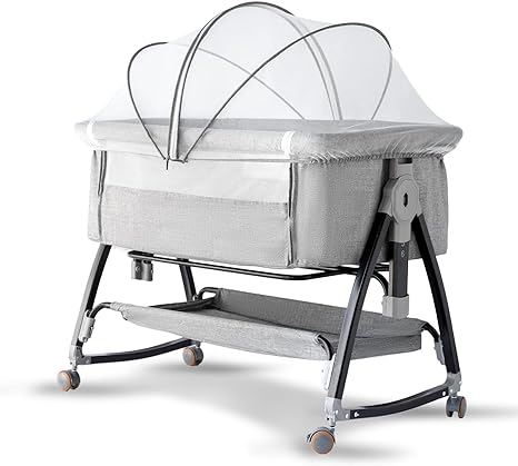 Bedside Crib for Baby, 3 in 1 Bassinet with Large Curvature Cradle, Bedside Sleeper Adjustable and Portable Beside Bassinet with Mosquito Nets, CPSC Certification, Quick Height Adjustment