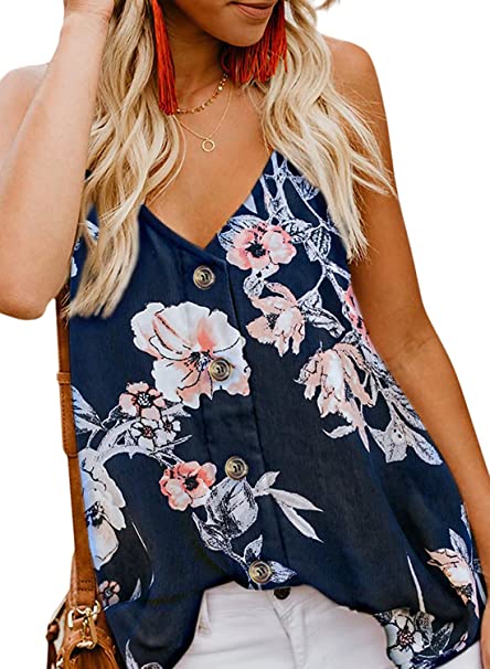 Euaoxnc Women's Casual V Neck Button Down Strappy Cami Tank Tops Summer Sleeveless Loose Shirts Blouses