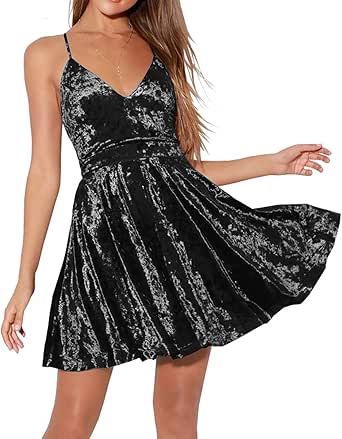 R.Vivimos Women's Crushed Velvet Spaghetti Straps Sexy V Neck Club Party Pleated Swing Skater Dress