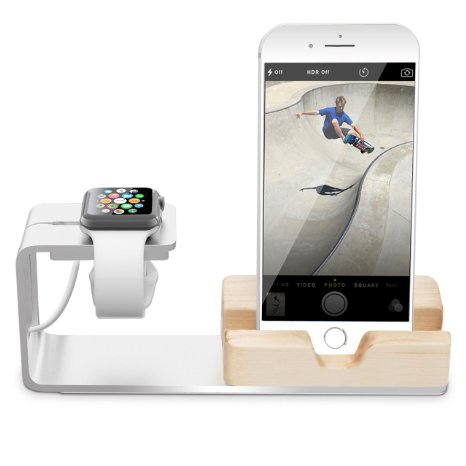 Vogek Elegant Aluminum Apple Watch Charging Stand / Charging Dock Bamboo Wood Smartphone Stand