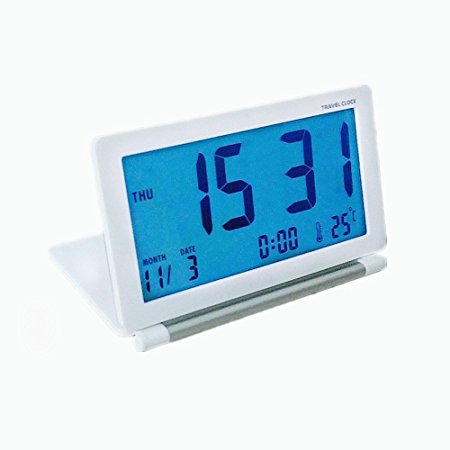 KLAREN Travel Clock, Multifunctional Mini Digital Desk Folding Electronic Alarm with Blue Backlight (White)