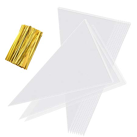 Whaline 100 Pieces Clear Cone Bags Transparent Sweet Treat Cello Bags with 100 Gold Twist Ties for Holiday Wedding and Party, 11.8 by 6.3 Inch
