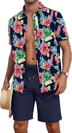 YTD Men's 2 Piece Outfits Tropical Print Short Sleeve Button Down Hawaiian Shirt and Beach Shorts Set