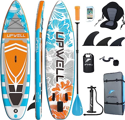 UPWELL 11'/10'6''Inflatable Stand Up Paddle Board with sup Accessories Including Backpack, Repairing Kits, Non-Slip Deck, Leash, 3 Fins, Paddle and Pump