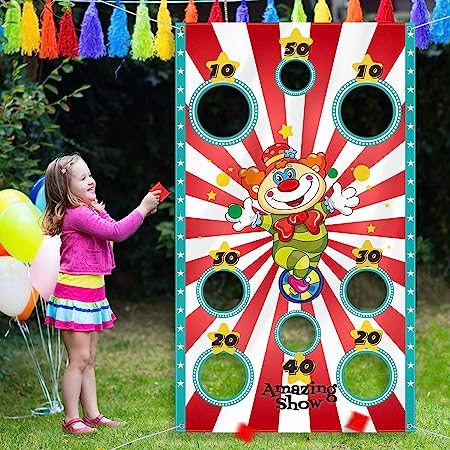 Carnival Clown Toss Game Banner with 3 Bean Bags for Kids and Adults in Carnival Party Activities Carnival Party Decoration Supply Set