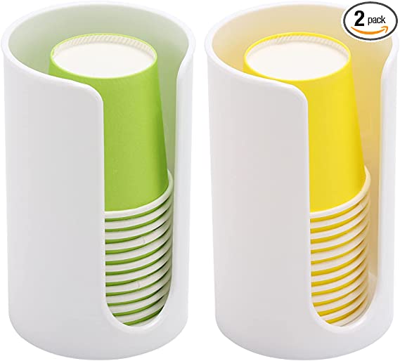 2 Pcs Plastic Small Paper Cup Dispenser - Disposable Cup Storage Holder for Bathroom Vanity Countertop's Rinsing/Mouthwash Cups, White