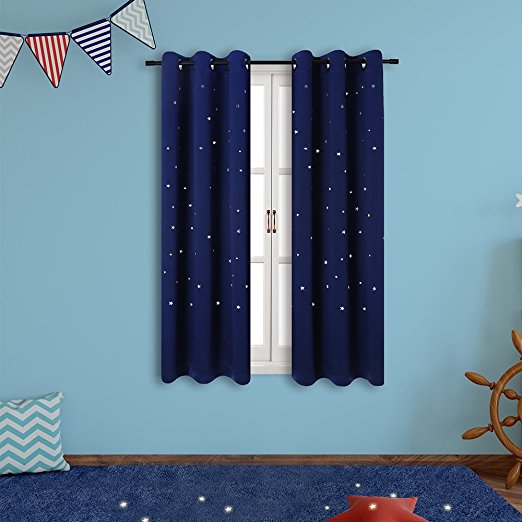 Starry Sky Kids Room Curtains (2 Panels), Anjee Blackout Curtains with Laser Cutting Stars for Children's Room, Space Themed Drapes for Nursery (Royal Blue, W42 x L63 Inches)
