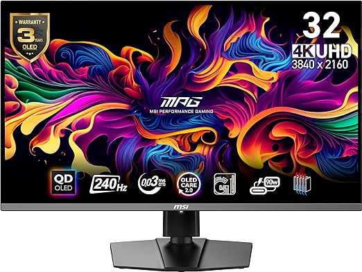 MSI MPG 321URX QD-OLED, 34 OLED Gaming Monitor, 2560 x 1440 (QHD), OLED 0.03ms Response time, 240Hz, True Black HDR 400, HDMI, DP Port, USB Type C, Tilt, Height