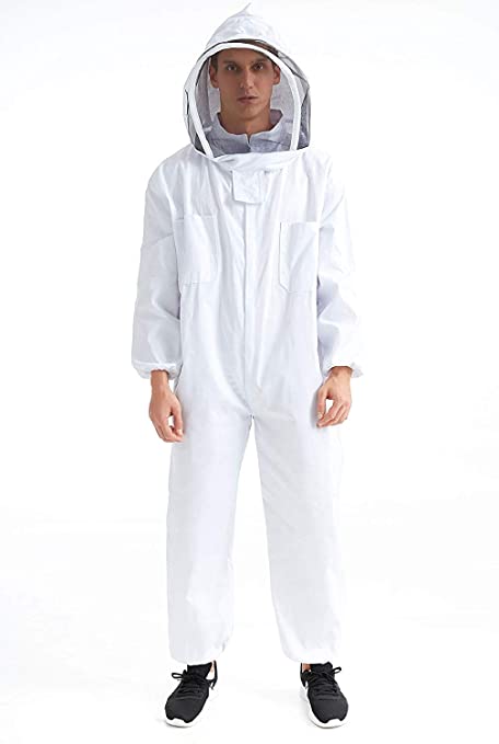 Professional Bee Keeping Suit Cotton Full Body Beekeeping Suit Jacket with Veil Hood (X-Large)