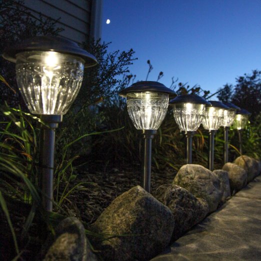 Set of 6 High Quality Solar Stainless Steel Path Lights with Warm White LEDs and Garden Stakes
