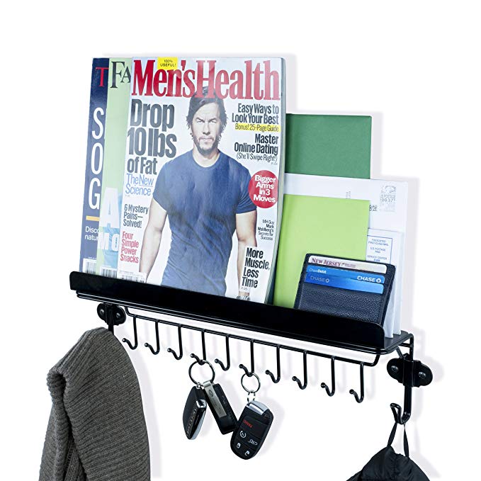 Wallniture Foyer Wall Mount Mail Key Newspaper Magazine Holder Coat Rack Entryway Organizer with 12 hooks Steel