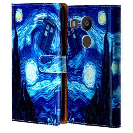 LG Google Nexus 5X Wallet Case, DURARMOR® LG Nexus 5X Tardis Doctor Who Police Box Starry Night Premium PU Leather Folio Wallet with ID Credit Card Cash Slots Flip Stand Cover Protector