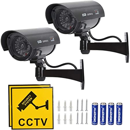 TIMESETL 2Pack Dummy Camera Waterproof Bullet Shape Black Fake Security Camera with Red Flashing LED   Yellow CCTV Signs, Wireless Wall Mount Plugs   Screws   Batteries